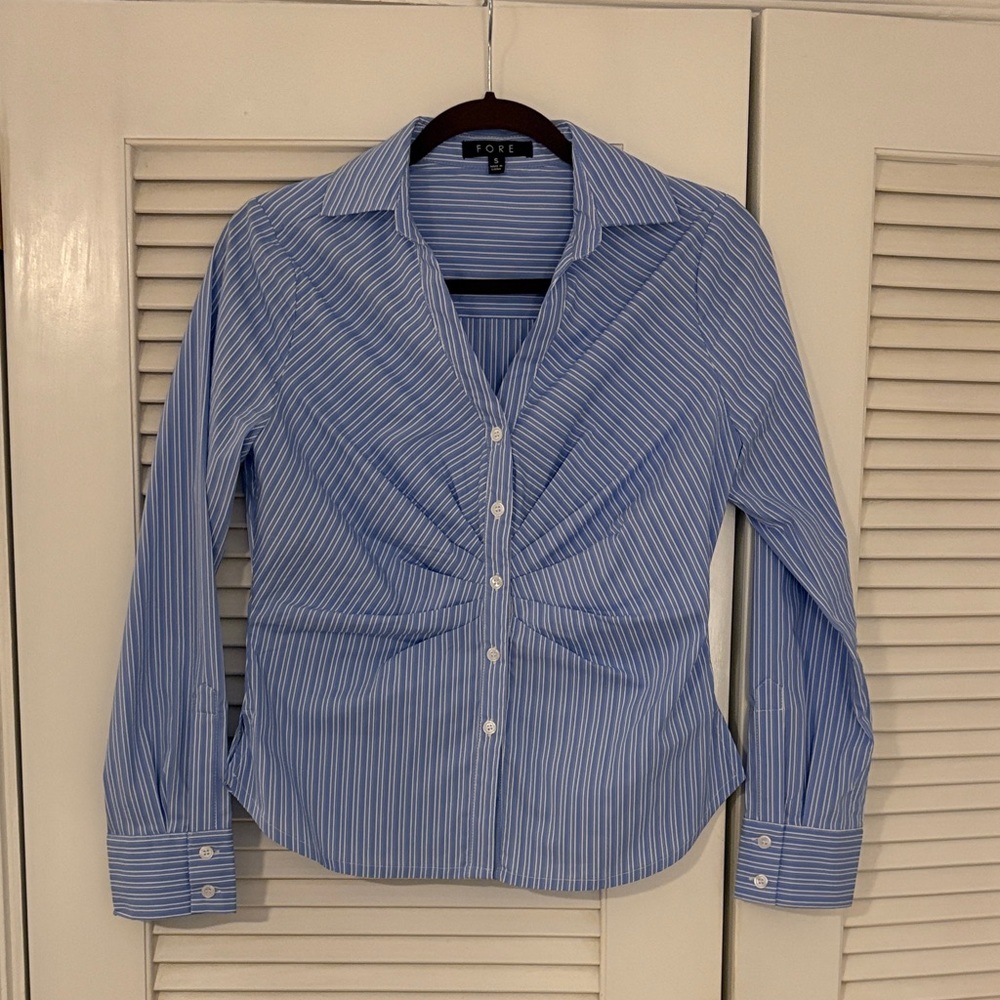 NWOT FORE Blue and White Striped Blouse Fitted Ruched Small